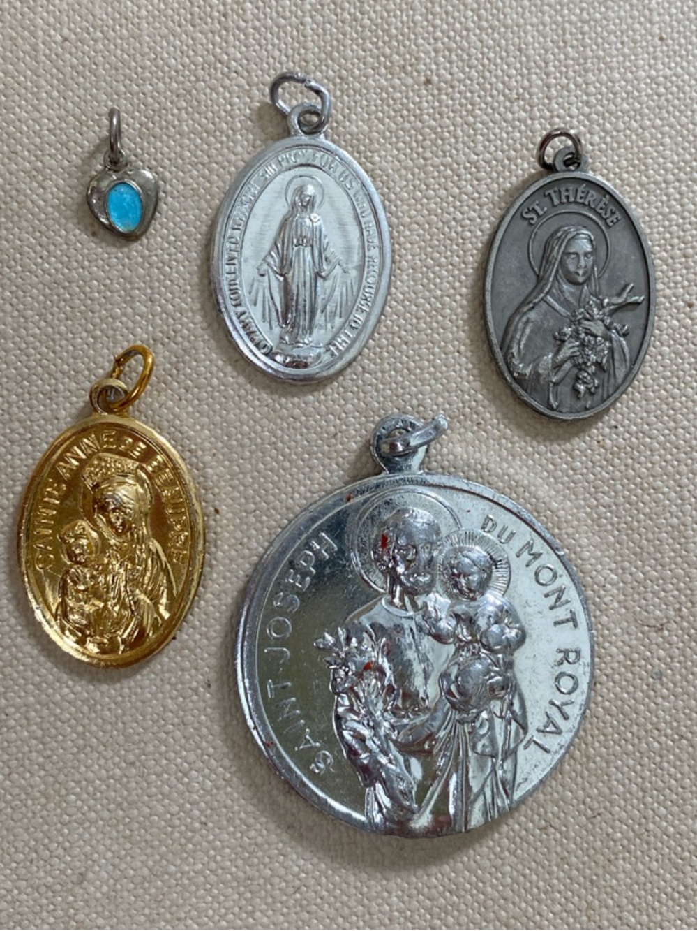 5 Religious Medal Pendant Silver and Gold Tones